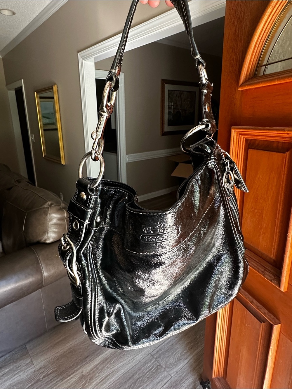Coach black patent leather shoulder bag